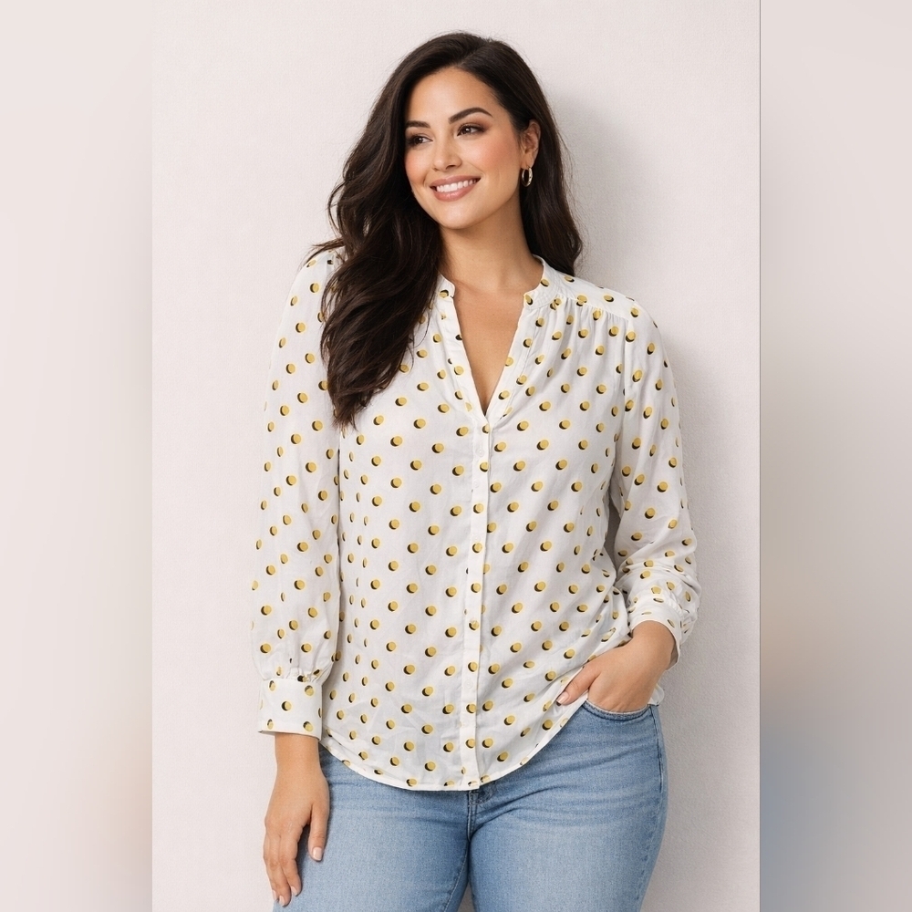Sz 8 Boden Long Sleeve Polka Dot Button Up Mediterranean Chic Blouse